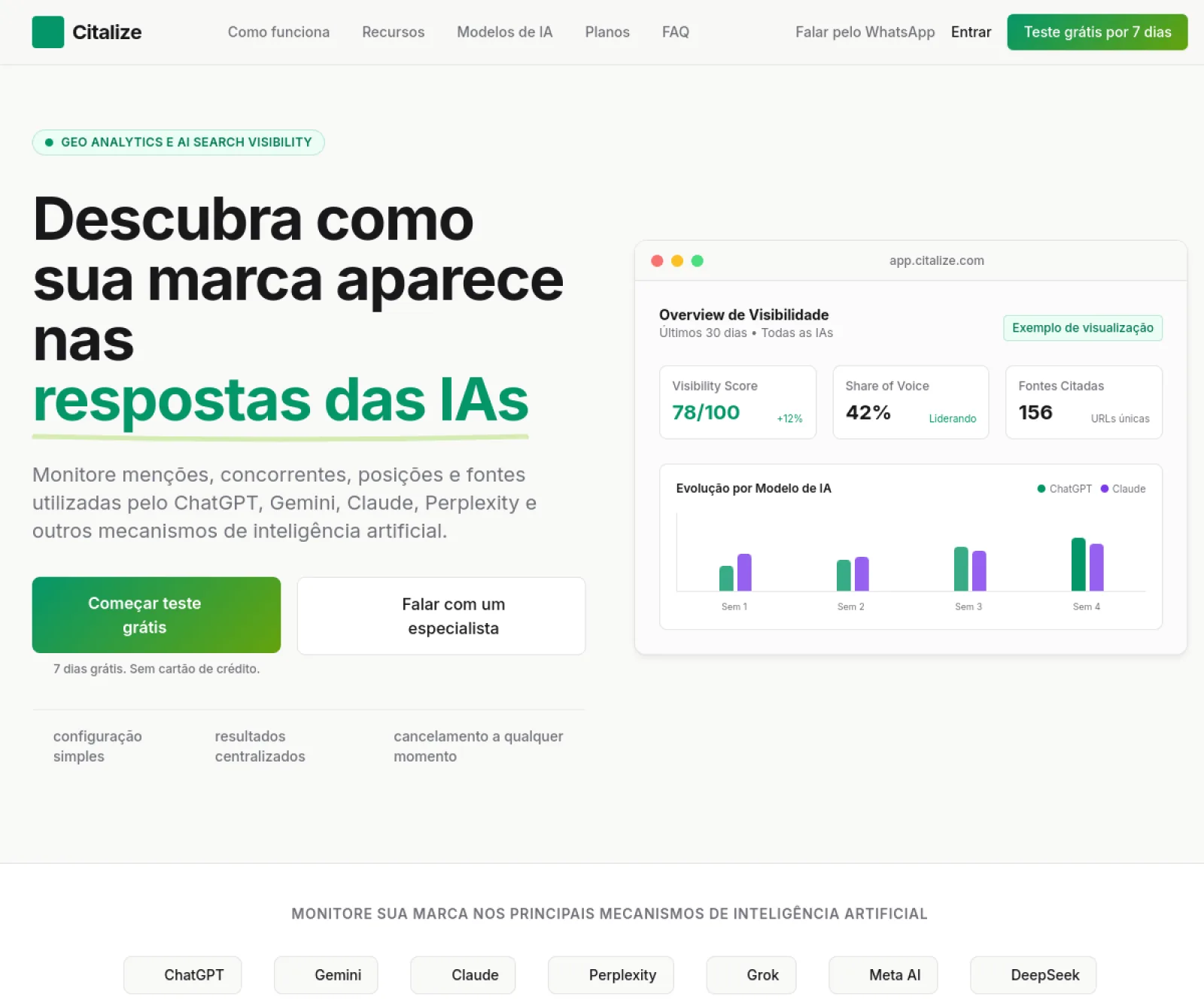 Página inicial do Citalize, plataforma de monitoramento de visibilidade em mecanismos de IA