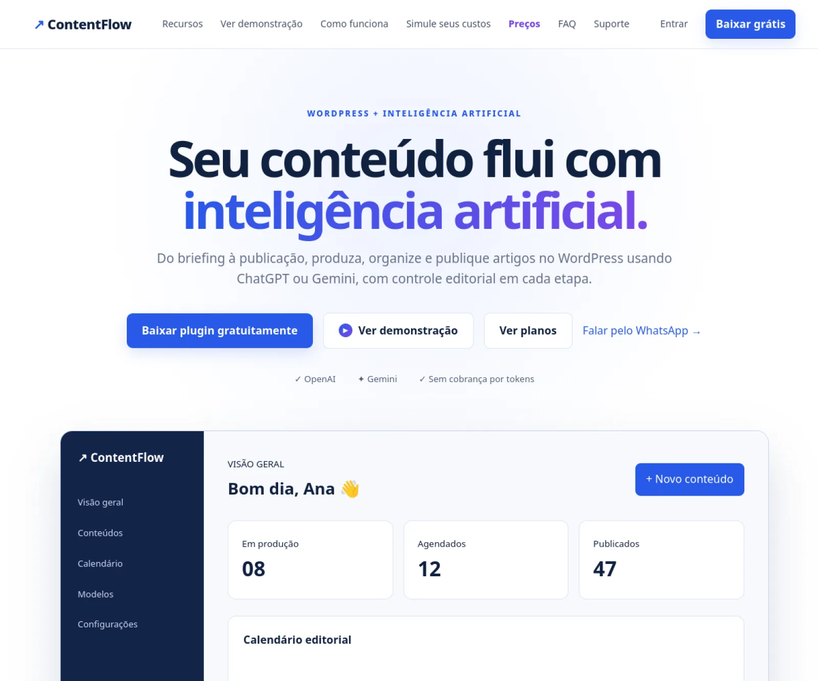 Página inicial do ContentFlow, ferramenta de automação de conteúdo para WordPress