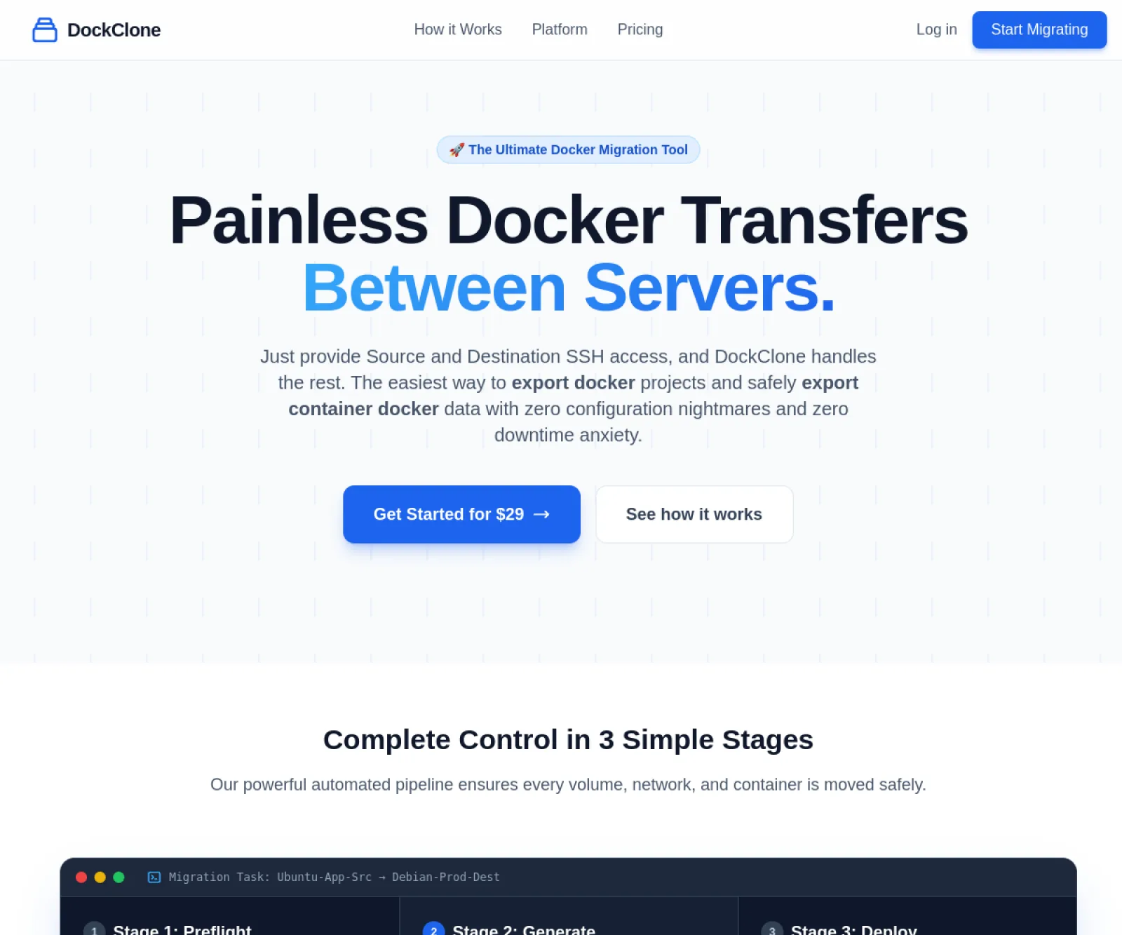 Página inicial do DockClone, ferramenta de migração de ambientes Docker