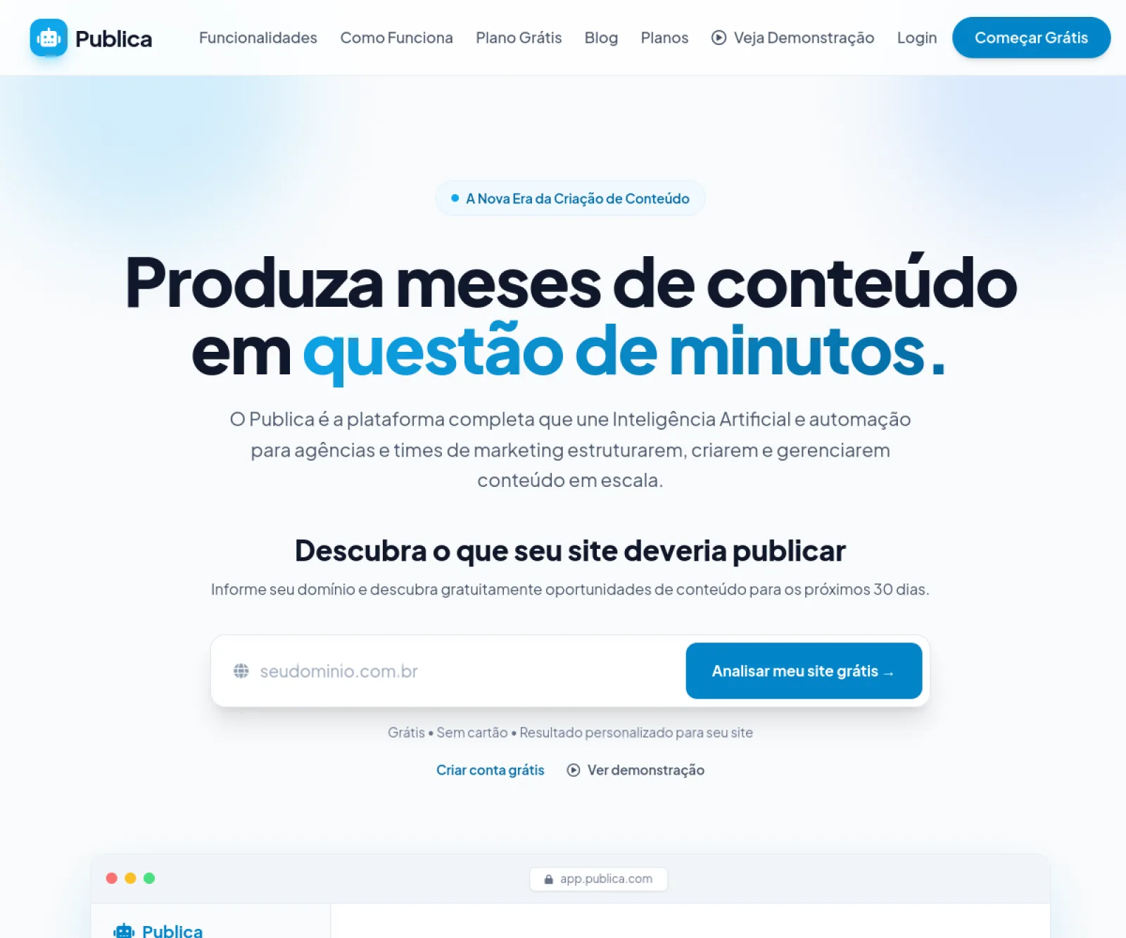 Página inicial do Publica, plataforma de produção e gestão de conteúdo com IA