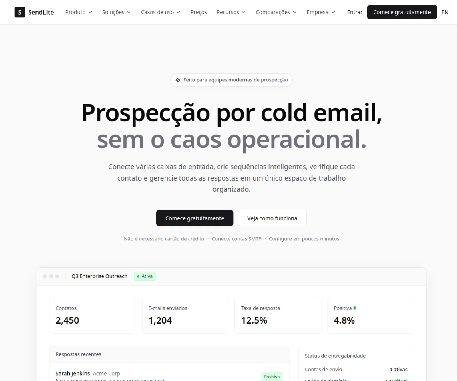 Página inicial do SendLite, plataforma de campanhas de cold email